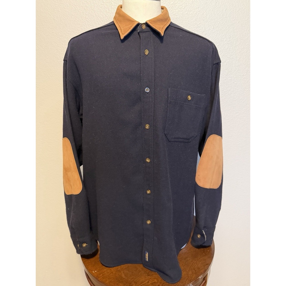 WOOLRICH Vintage Navy Blue Wool Suede Collar Elbow Patch Shirt Shacket Men's XL*